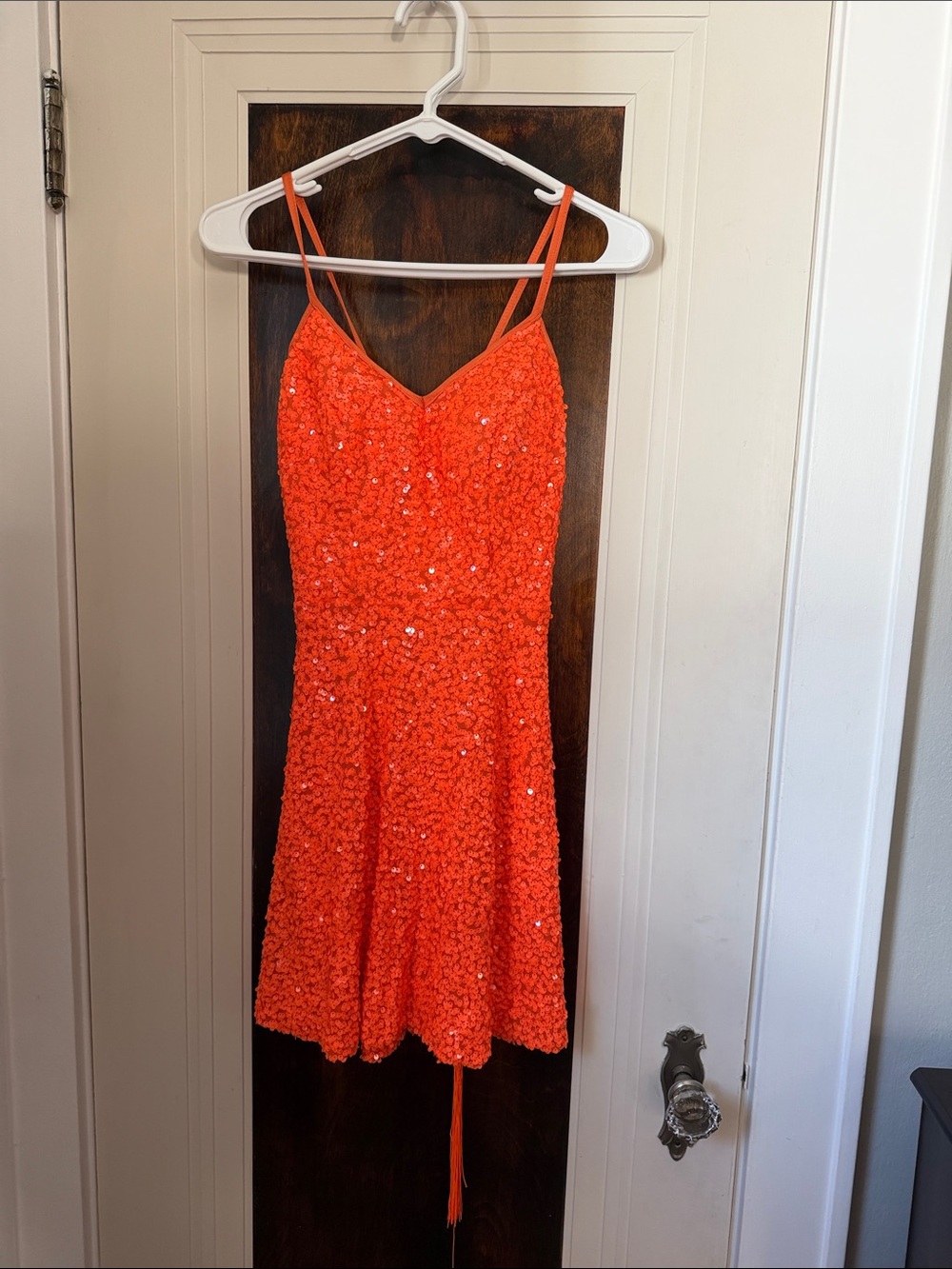 Spaghetti Strap Sequin A-Line Dress in Bright Orange